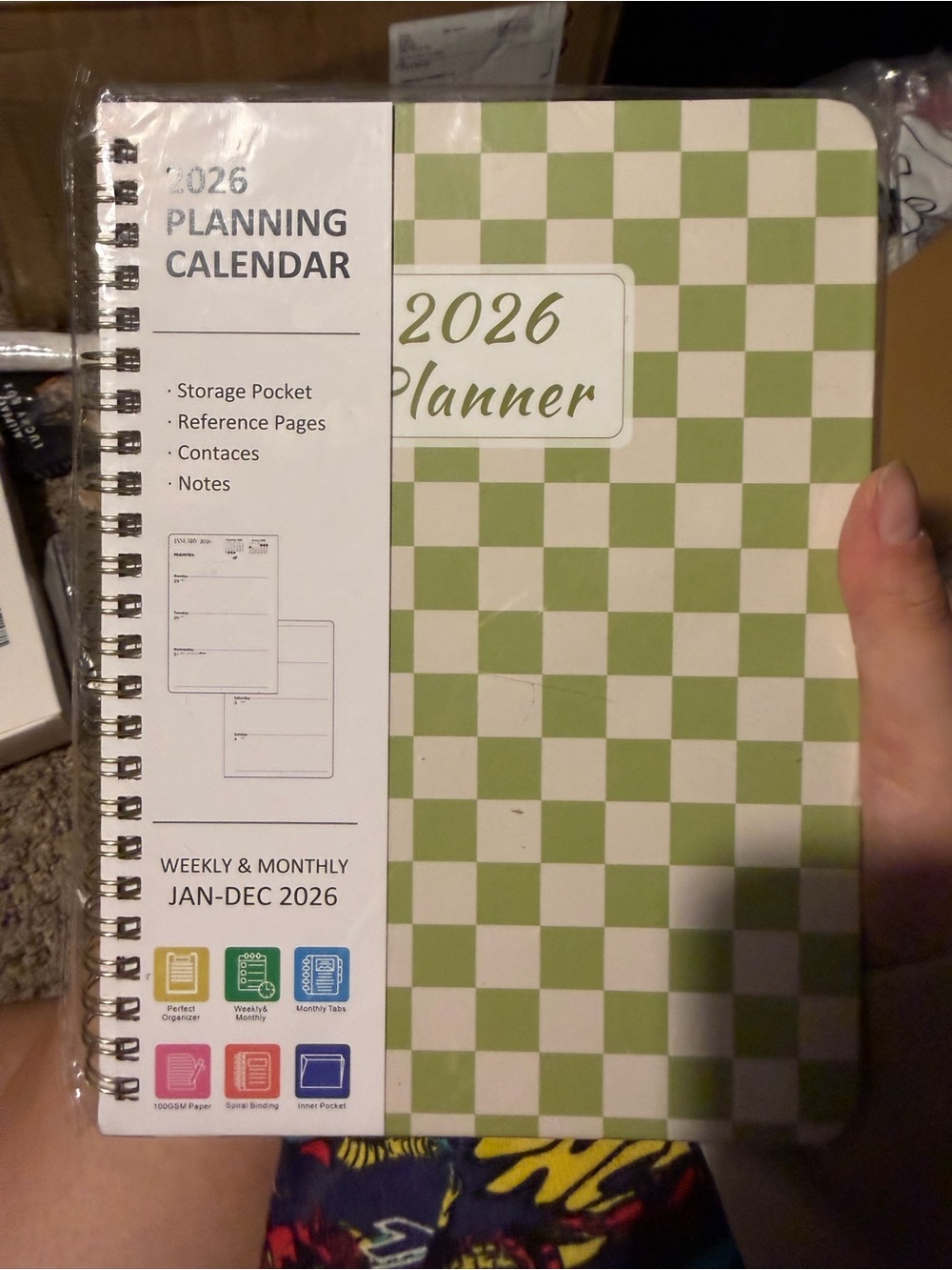 2026 Planner Spiral Calendar - Green Checkerboard